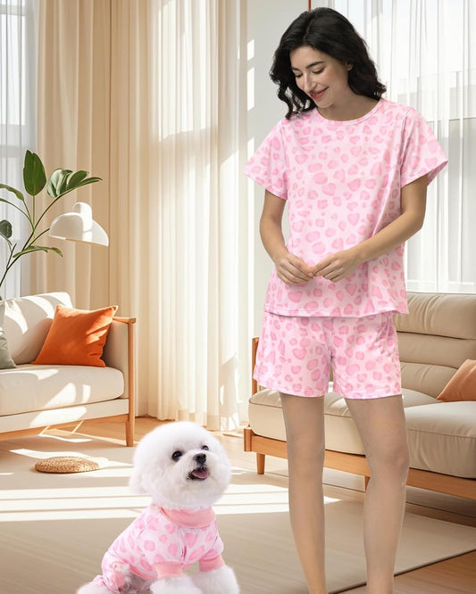Leopard Matching Dog & Owner Pajamas Set | Women Loungewear Short Sleeve Sleepwear