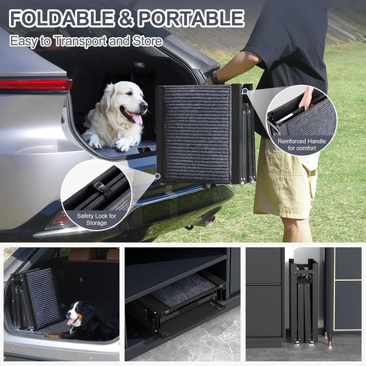 Large dog using portable ramp to enter an SUV safely
