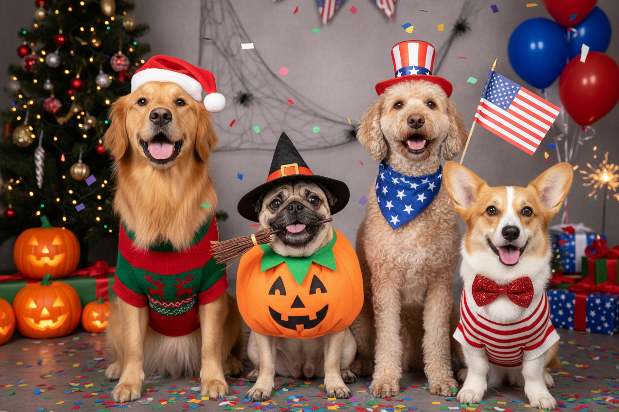  Dogs wearing festive holiday outfits, Christmas sweaters and Halloween costumes