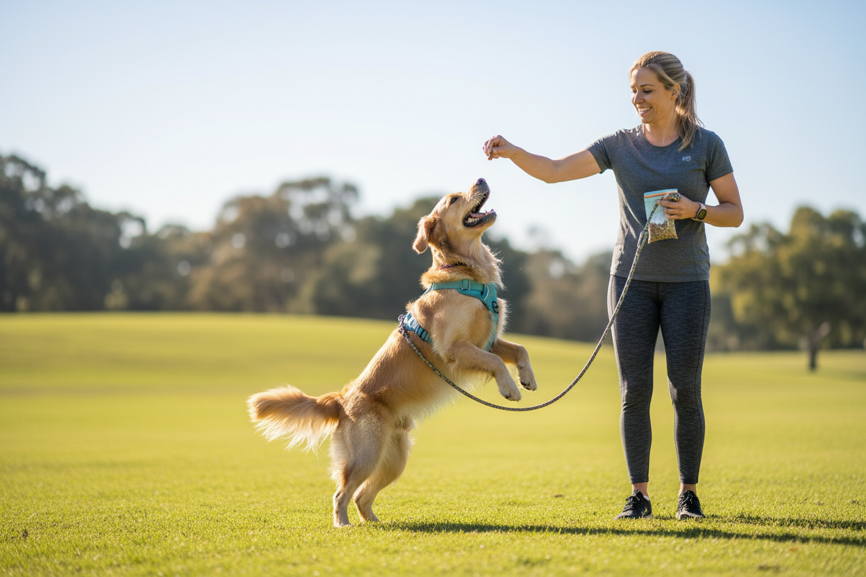 Dog training gear used for positive reinforcement training with an owner