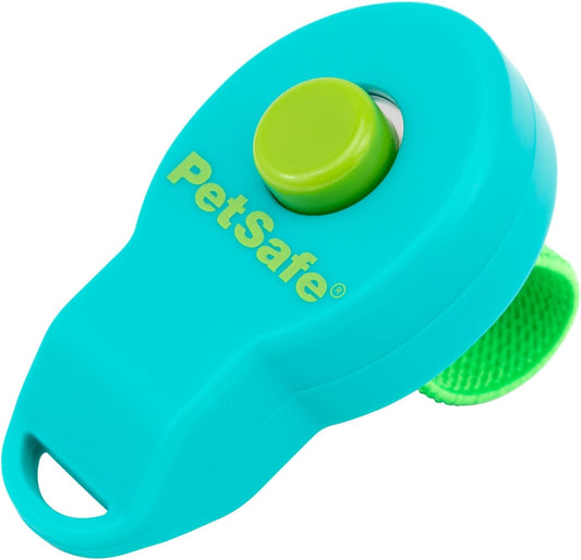 Blue ergonomic dog training clicker with green comfort finger strap
