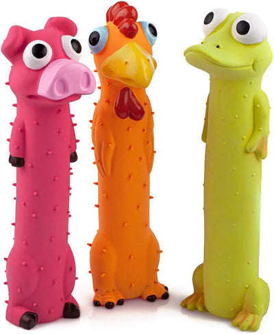 Three squeaky latex dog toys in animal shapes for puppy chew and interactive fetch play