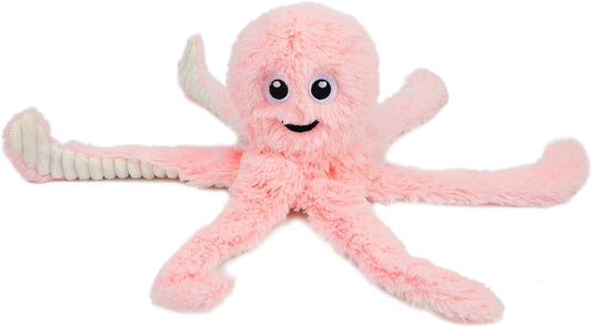 Pink squeaky octopus plush dog toy for puppy chew, cuddle, and interactive play