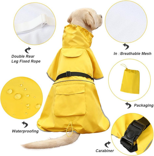 Waterproof Dog Raincoat with Hood – Reflective Adjustable Dog Rain Jacket for Medium & Large Dogs | Lightweight Pet Rain Coat