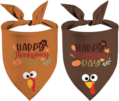 Orange and brown Thanksgiving dog bandanas with turkey faces and Happy Thanksgiving Day lettering for holiday parties and family photos
