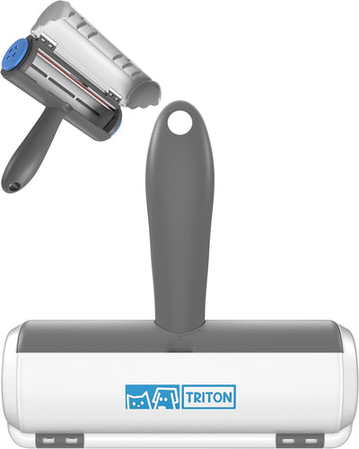 Portable reusable pet hair removal roller with detachable handle and built-in fur trapping compartment for removing dog and cat hair from furniture, carpets, bedding, clothing, and car seats.
