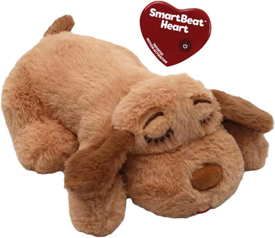 Plush calming puppy toy with heartbeat feature