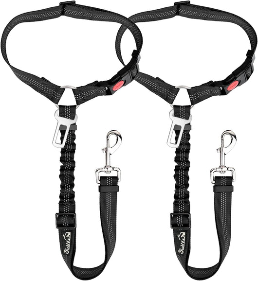 Adjustable reflective dog car seat belt harness with elastic bungee safety tether for secure pet travel in cars, SUVs, and trucks.