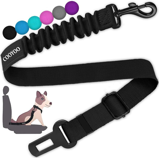 Black adjustable elastic dog seat belt safety tether with swivel harness clip and vehicle buckle