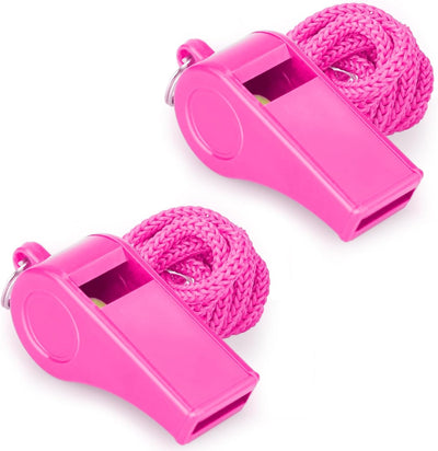 Two loud pink dog training whistles with carrying lanyards