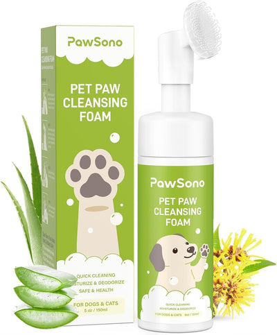 No-rinse foaming pet paw cleaner with built-in silicone scrubber for cleaning muddy dog and cat paws after walks, travel, and outdoor play.