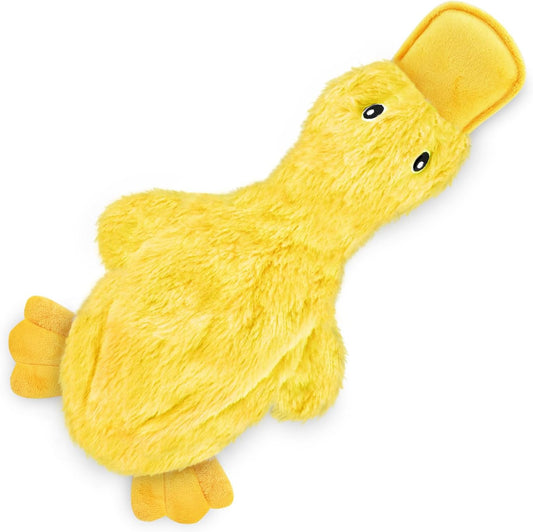 Yellow crinkle duck squeaky dog chew toy for puppy fetch and interactive play