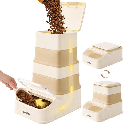 Collapsible FIFO dog food storage dispenser with transparent bottom lid and scoop