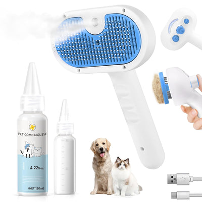 3-in-1 steam pet grooming brush with mist spray and self-cleaning function for dogs and cats, designed for deshedding, hair removal, and coat care.