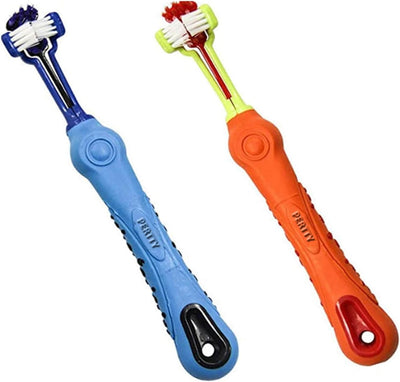 Two colorful 3-sided dog toothbrushes with textured handles for pet dental cleaning