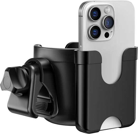 2-in-1 stroller cup holder with phone holder and adjustable clamp