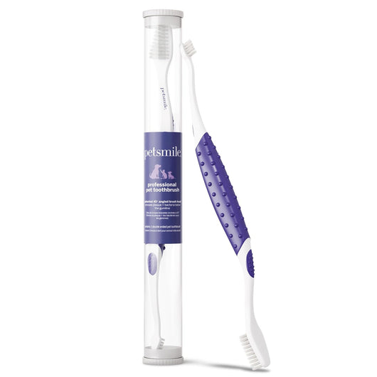 Dual-ended 45 degree dog toothbrush with angled bristles and textured grip handle