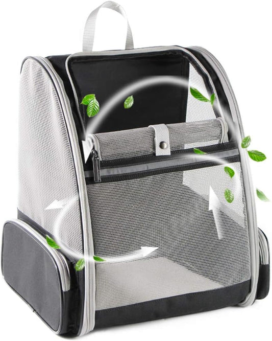 Gray breathable pet carrier backpack with mesh panels for small dogs