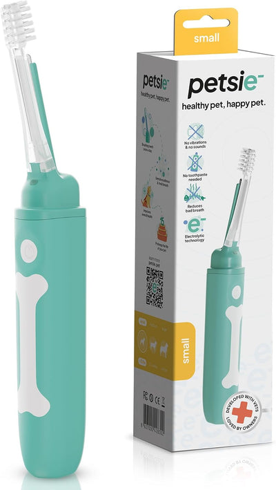Mint green silent electric dog toothbrush with small brush head for dogs under 22 pounds