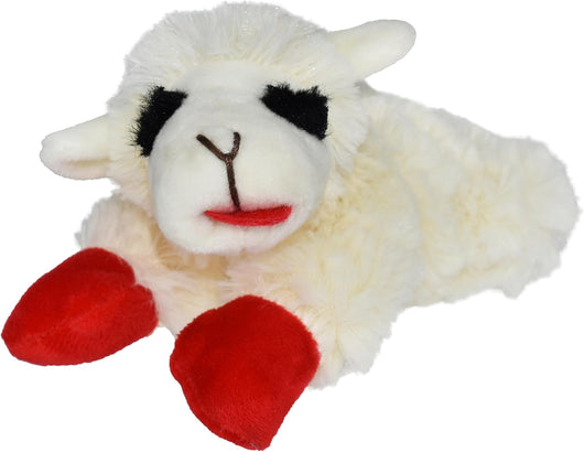 Cream squeaky lamb plush dog toy for puppy cuddles, gentle chew, and interactive play