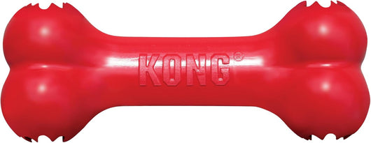 Red durable treat dispensing rubber bone toy for medium dogs