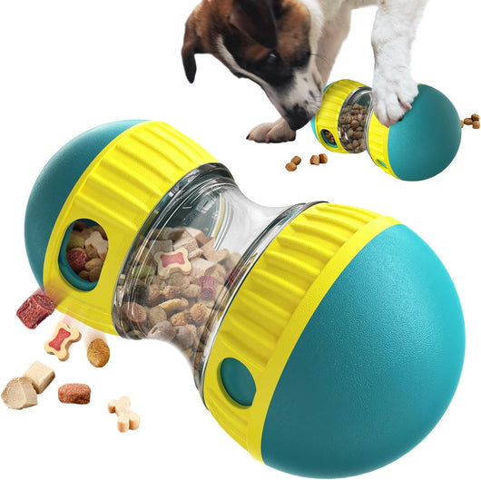 Adjustable dog treat dispensing puzzle toy with transparent food chamber