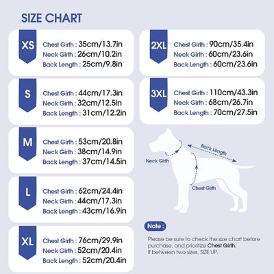 Striped fleece dog pajama size chart showing chest, neck and back measurements from XS through 3XL.