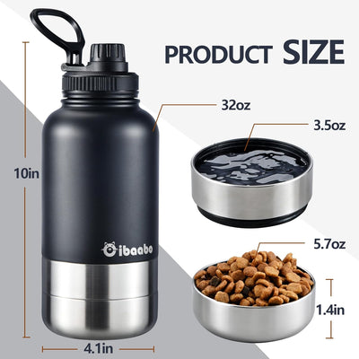 Thirty-two-ounce stainless-steel dog travel bottle with dual feeding bowls