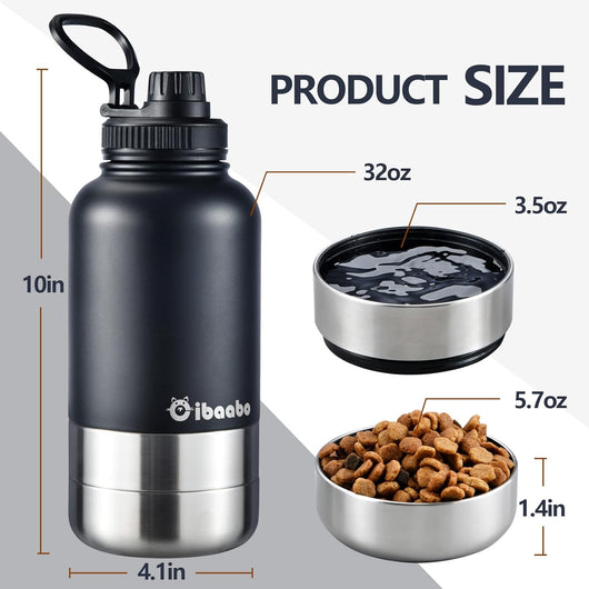 Thirty-two-ounce stainless-steel dog travel bottle with dual feeding bowls