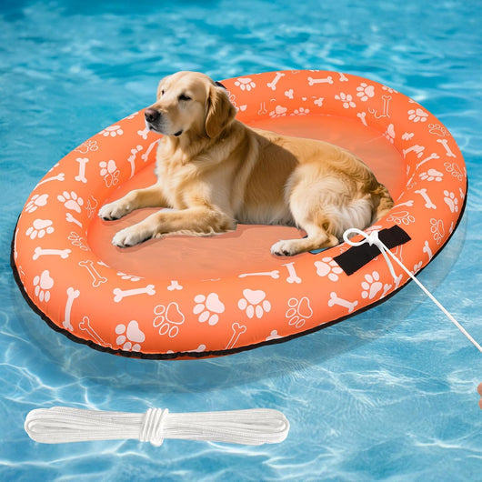 Inflatable dog pool float with rope for summer swimming and water adventures