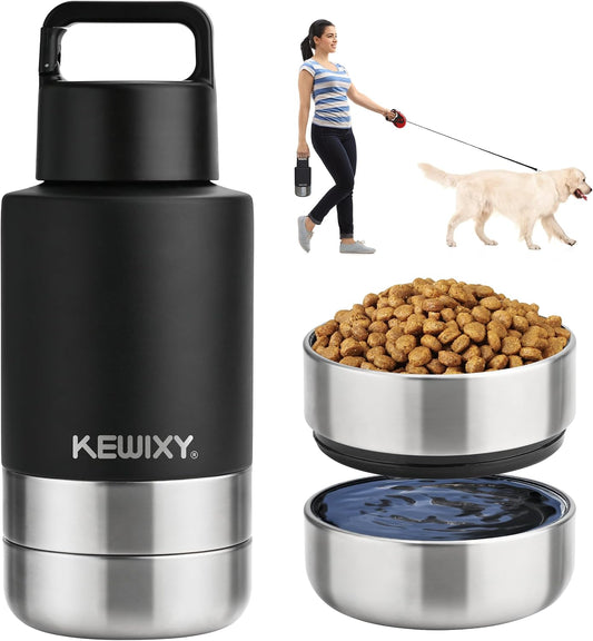 Insulated three-in-one dog travel water bottle with two detachable bowls