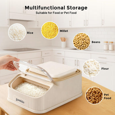 Space-saving collapsible dog food container compressed for compact pantry storage
