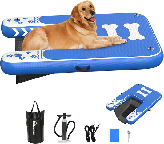 Inflatable dog boat ramp with anti-slip EVA platform for dogs swimming in lakes pools and docks