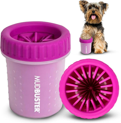 Portable fuchsia dog paw cleaner cup with soft silicone bristles for removing mud, dirt, and debris from small dog paws after walks.