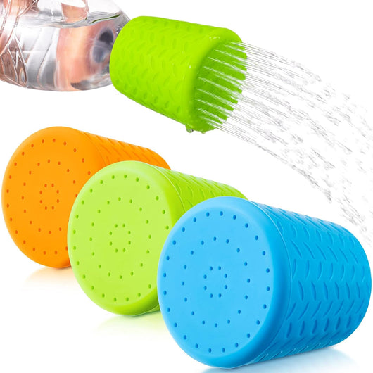 Portable dog shower bottle attachment connected to a water bottle for rinsing muddy paws and dirty fur during camping, hiking, beach trips, and outdoor travel.