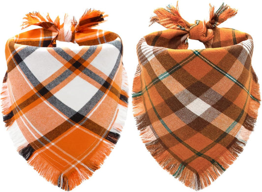 Orange, brown and cream plaid tassel dog bandana two-pack for medium and large dogs at Halloween and Thanksgiving celebrations