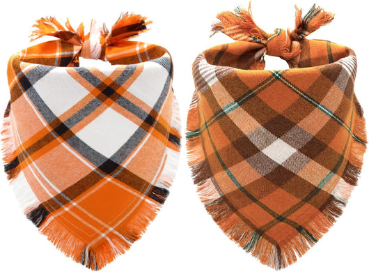 Orange, brown and cream plaid tassel dog bandana two-pack for medium and large dogs at Halloween and Thanksgiving celebrations