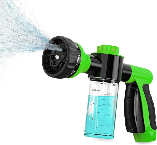Dog shampoo sprayer attached to garden hose