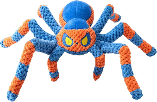 Blue squeaky spider plush dog toy for tug, chew, fetch, and interactive boredom relief play
