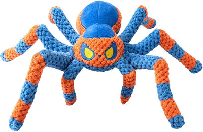 Blue squeaky spider plush dog toy for tug, chew, fetch, and interactive boredom relief play