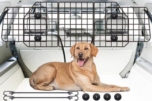 Adjustable heavy-duty steel mesh dog car barrier installed in an SUV cargo area to keep dogs safely separated from passengers during travel.