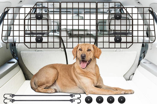 Adjustable heavy-duty steel mesh dog car barrier installed in an SUV cargo area to keep dogs safely separated from passengers during travel.