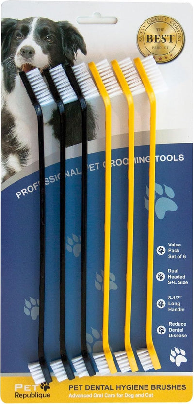 Six dual-head dog toothbrushes with small and large brush heads for pet dental care