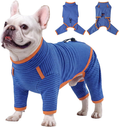 White French Bulldog wearing blue striped four-leg fleece dog pajamas with orange trim and an adjustable back drawstring.