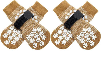 Khaki anti-slip dog boot socks with paw grip straps