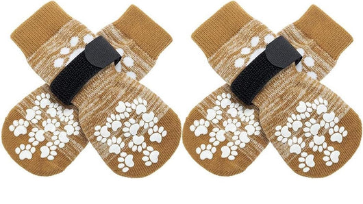 Khaki anti-slip dog boot socks with paw grip straps