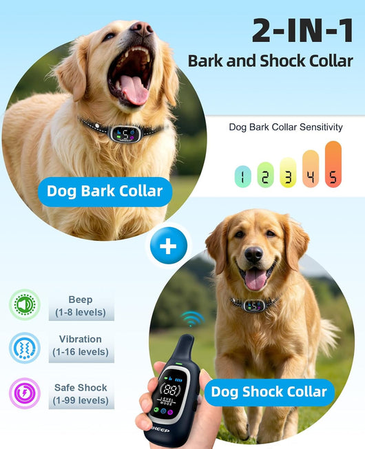 2-in-1 Dog Shock & Bark Collar with Remote I 3300FT Waterproof