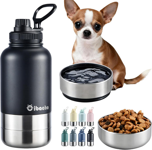 Insulated shared dog water bottle with two detachable stainless-steel bowls
