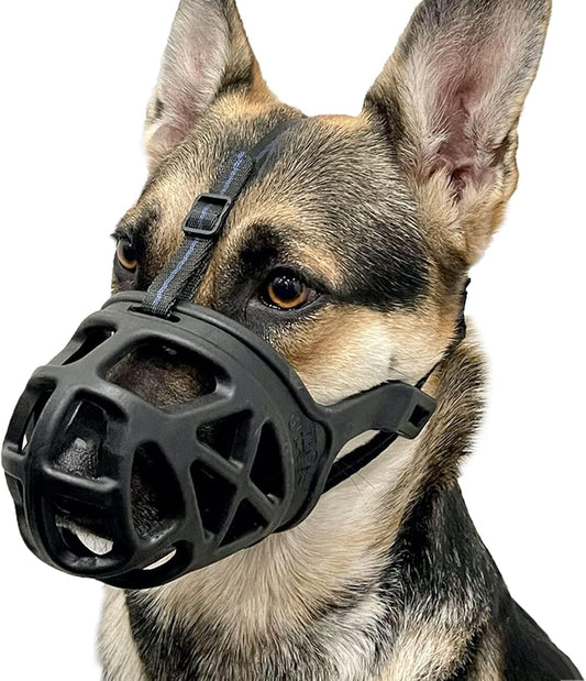 Adjustable humane basket dog muzzle allowing comfortable panting drinking and safe training for dogs