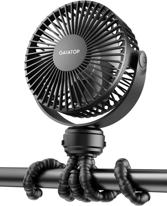 Portable rechargeable stroller fan with flexible tripod and adjustable airflow